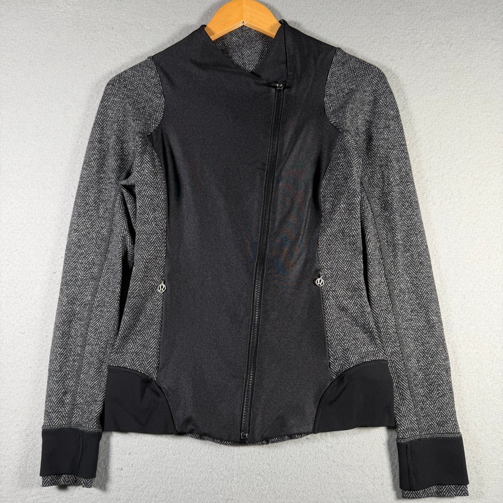 Lululemon Herringbone Asymmetrical Full Zip Jacket Black Grey Women Size 6
